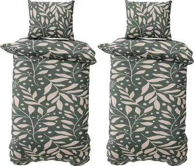 Produktbild von Bettwäsche Set 155x220 cm Jersey Baumwolle Bettbezug Bettgarnitur Set Dunkelgrün Beige Geblümt 4 teilig