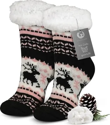 Produktbild von Burning Bird - Hüttensocken Kuschelsocken Stoppersocken Einheitsgröße 39-42 - flauschig warm gefütterte Socken - ABS Anti-Rutsch Noppen - Weihnachtssocken, Wintersocken, Wollsocken (Rentier Schwarz)