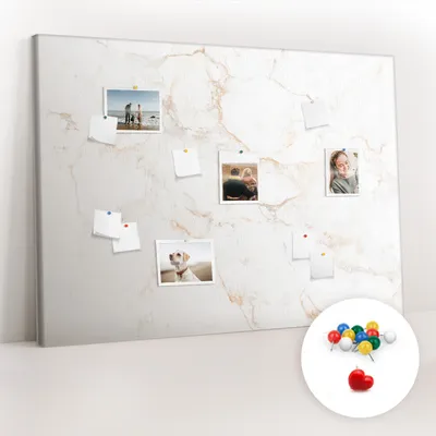 Imagen del producto de Tablero de corcho con chinchetas - Tablero con chinchetas para fotografías y notas - 140x100 cm - 100 chinchetas de colores - Diseño elegante de mármol
