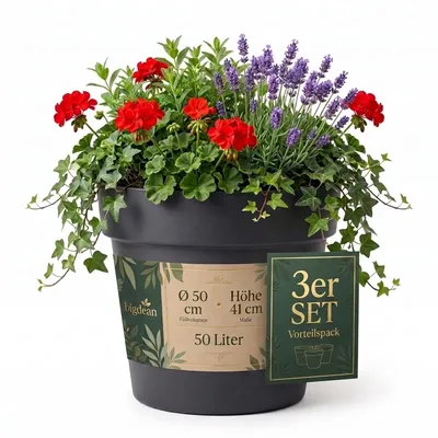 Produktbild von BigDean 3 Stück Blumentopf ca. ø 50 cm anthrazit Pflanzkübel groß außen | -mit Wasserspeicher - wetterfester Kunststoff - Pflanzkübel groß