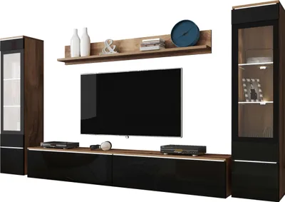 Produktbild von MIRJAN24 Wohnwand Vera II, Stilvoll Wohnzimmer-Set, TV-Schrank, Modern Mediawand (Wotan / Schwarz Hochglanz, mit Beleuchtung)