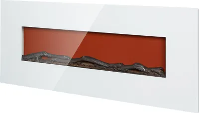 A modern electric fireplace with a white frame and a red interior, featuring faux logs.