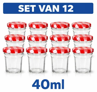 Obrázok produktu pre Mini poháre na džem – sada 12 ks – 40 ml – 5 x 5 x 5,5 cm – sklenené poháre na džem s viečkom – na džem, med a omáčky