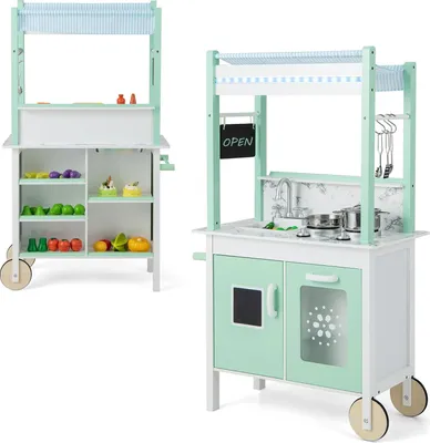 Produktbild von COSTWAY Kinderküche mit Kaufladen & Rollen & 17 Zubehör, Doppelseitige Spielküche Holz mit Licht & Fernbedienung, Puppenküche Spielzeug küche für Kinder ab 3 Jahren