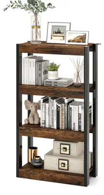 Image de Étagère sur pied COSTWAY en bois avec structure métallique, bibliothèque avec 2 kits anti-basculement et étagères, étagère de cuisine indépendante pour le salon ou la cuisine, marron