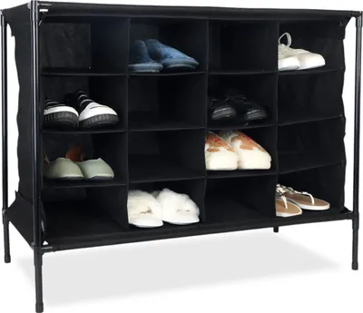 Immagine prodotto di Scaffale per scarpe da campeggio Relaxdays, 16 scomparti, montaggio facile, robusto armadietto in tessuto, A x L x P: 65 x 84 x 36 cm, nero
