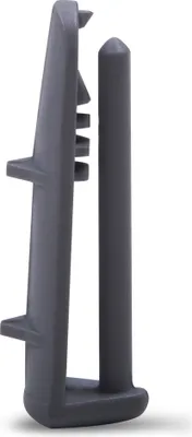 A close-up studio shot of a gray plastic furniture glide or foot.