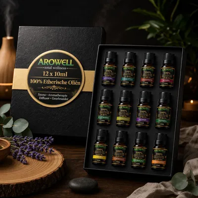 Obrázek produktu pro Sada Arowell se 100% přírodními éterickými oleji – 12 x 10 ml – dárkové balení – do sauny, pro aromaterapii, do difuzéru a do vonné lampy