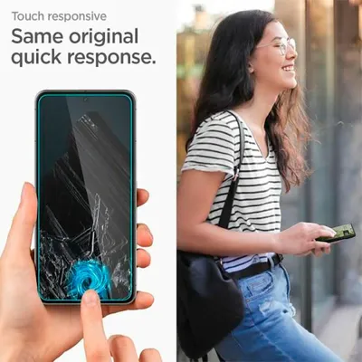 A split image showing a hand holding a smartphone with a screen protector applied and a woman smiling while holding a smartphone.