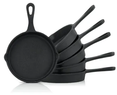 Produktbild von Set aus 6 Grillpfannen aus Gusseisen, Durchmesser 12,5 cm, vorgebrannt, mit 2 Ausgießhilfen