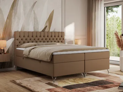 Produktbild von MKS MEBLE Boxspringbett 160x200, Bett 160x200 mit Matratze H4, Boxspringbett 160x200 mit Bettkasten und Topper, Polsterbett 160x200 Füße - GRIMALDI - 160x200 - Braun Kunstleder - H3