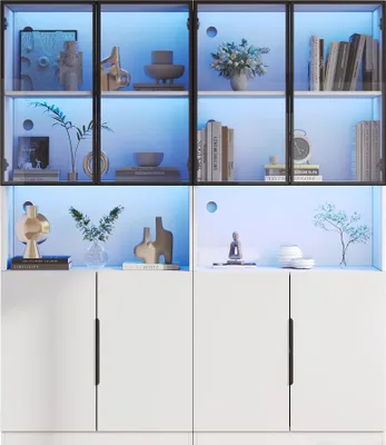 Produktbild von Moderne minimalistische Vitrine 2er mit Glastüren, Hochschrank mit LED-Beleuchtung und verstellbaren Regalen,Weiß Schrank