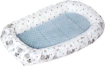 Image de Nid pour bébé, lit de voyage, petit nid pour bébé, 100 x 60 x 15 cm, en coton avec motif ours en peluche et Minky bleu clair