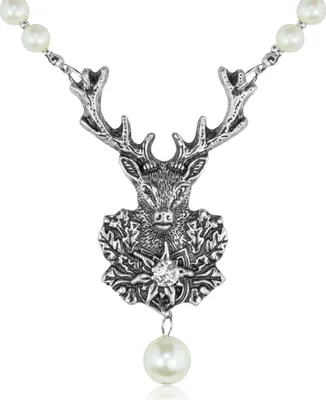 Produktbild von LUISIA Perlen Halskette mit Hirsch Anhänger - Weiß Silber