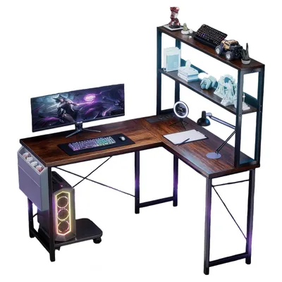 Immagine prodotto di AIORBER Scrivania da gioco a forma di L 148 cm con illuminazione a LED, porte USB, scrivania angolare per computer, scrivania da ufficio con scaffale e contenitore Marrone