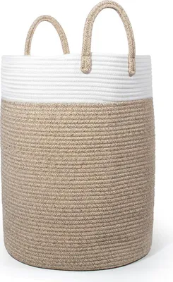 Image de Grand panier à linge SYLANDO avec anse et couvercle, rangement de jouets pour chambre d'enfant, corde de coton tressée, brun&blanc 38x50cm