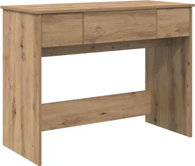 A wooden vanity table with three drawers.