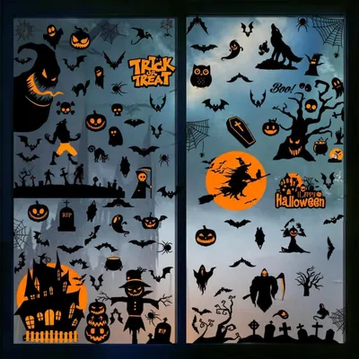 Zdjęcie produktu dla Naklejki okienne na Halloween, samoprzylepne, 98 elementów, 9 arkuszy