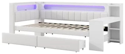 Image de Lit de jour gain de place 90 x 200 cm - Canapé-lit - Multifonctionnel - Bureau - 2 tiroirs - Ports USB et éclairage LED - Blanc