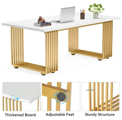 Zdjęcie produktu dla Biurko – stół konferencyjny – 180 x 80 cm – dla 6 osób – blat z płyty wiórowej – metalowe nogi w kolorze złotym – nowoczesny design – biało-złoty