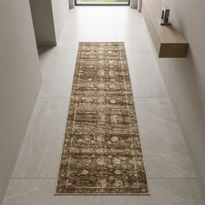 Obrázek produktu pro Hnědý koberec s vintage květinovým vzorem, vhodný do různých prostor. Rozměry: 80 x 150 cm