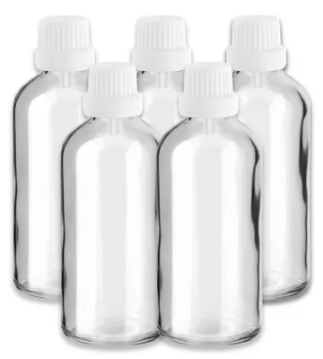 Produktbild von 5x Klarglasflasche 100 ml mit weißem Tropfer Tropfeinsatz leer 18/415