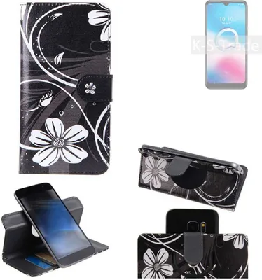 Produktbild von K-S-Trade Schutzhülle Handyhülle kompatibel mit Alcatel 3L (2020) Hülle 360° Wallet Case ''Flowers'' Klapphülle Hülle schwarz-weiß 1x