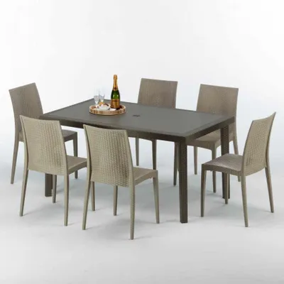 Produktbild von Polyrattan Tisch Rechteckig mit 6 Bunten Stühlen 150x90 Braun Focus