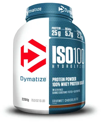 Produktbild von Dymatize ISO 100, Pulver, Hydrolisiertes Molkenprotein, Molkenprotein isoliert, Schokolade, L-Alanin, L-Arginin, L-Asparaginsäure, L-Cystein, L-Glutaminsäure, L-Glycin, L-Histidin,..., Hydrolized whey protein isolate (milk) (47%), whey protein isolate (milk) (43%), fat reduced cocoa..., 25 g