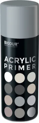 A spray can of Biodur Acrylic Primer with various color swatches displayed on the can.