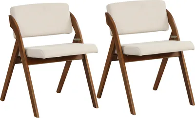 Two beige upholstered chairs with wooden frames are shown against a white background.