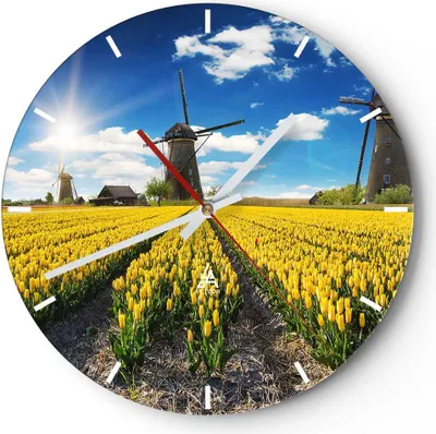 Produktbild von Wanduhr - Rund - Glasuhr - Tulpen Windmühle Wiese Landschaft - 30x30cm - Schleichendes Uhrwerk - Lautlos - zum Aufhängen bereit - Dekoration Modern - Wanddekoration aus Glas - C3AR30x30-2879