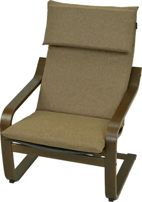 A brown upholstered armchair with a wooden frame, shown against a white background.