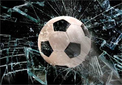 Produktbild von Wallario Poster - Fußball - im Fenster, Splitter und Glas, Kunstdruck Größe: 70 x 100 cm