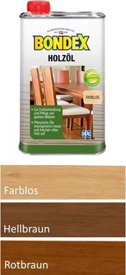 A product image showing a can of wood oil and three swatches of wood showing different color finishes.