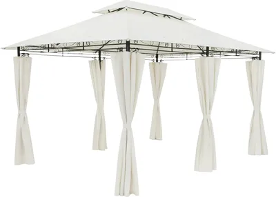 A white gazebo with cream curtains, shown from a front-side angle against a white background.
