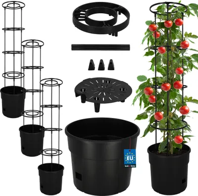Produktbild von KOTARBAU® 3er Set Tomatenpflanze Pflanzkübel ⌀ 30 cm mit Rankhilfe 115 cm Tomatentopf für Balkon Pflanzenstütze Schwarz