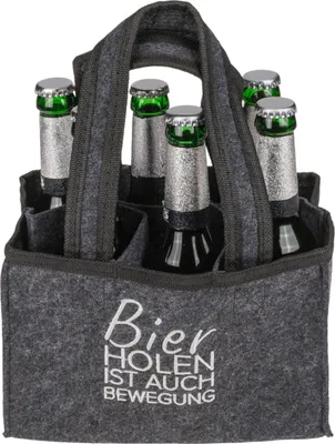 Produktbild von Out of the blue Bierträger für 6 Flaschen (0,33L/0,5L), auch für Bierdosen & Gläser, aus Polyesterfilz, Grau, mit 'Bier Holen ist auch Bewegung' Aufdruck, ca. 24x15x18 cm, Geschenk für Männer, Party & Picknick