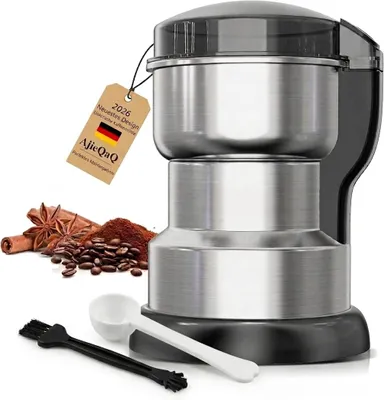 Produktbild von Elektrische Kaffeemühle 300W, Edelstahl Gewürzmühle mit 4 Klingen, Multizerkleinerer für Kaffeebohnen, Nüsse & Gewürze, Silber