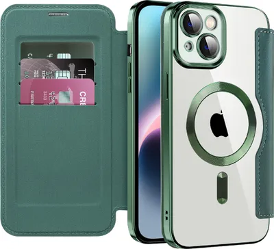 Produktbild von Klapphülle für iPhone 14 Kompatibel mit Magsafe, Klar Überzug Kartenhalter Ledertasche mit Kameraschutz Grün
