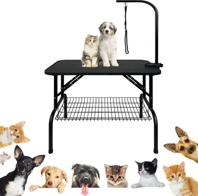 Produktbild von ROSEJANE Hundepflegetisch 80,5 x 46 x 76 cm, höhenverstellbarer Grooming Tisch für Hunde & Katzen bis 60 kg, rutschfeste und wasserfeste Oberfläche, faltbar mit verstellbarem Galgen