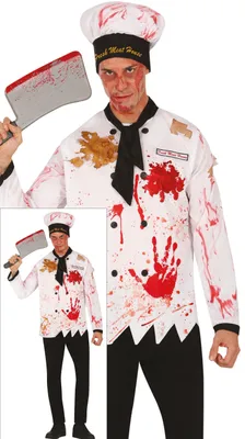 Produktbild von Halloween Koch Blutig Gruseliges Kostüm Zombie Outfit Schauriges Küchenchef Halloween Party Horrorkoch Blutflecken Grusel Kostüm, Größe: 48 - 50 (M) Farbe: Weiß