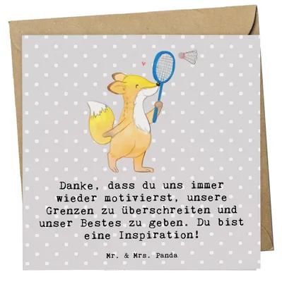 Produktbild von Mr. & Mrs. Panda Grußkarte Badminton Trainerin Inspiration - Grau Pastell - Geschenk, Sportgeist, faltkarte, Klappkarte, anlasskarte, Mentorin, Sportart, Danksagung