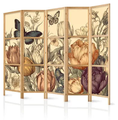 Immagine prodotto di Pannello divisorio giapponese, 5 ante, pieghevole, in tessuto non tessuto di alta qualità, motivo floreale colorato, stile retrò, ideale per il soggiorno, dimensioni 225 cm x 172 cm