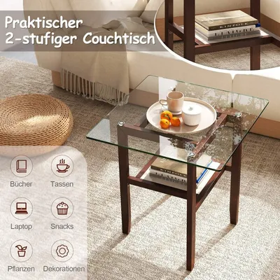 Image de Table d'appoint en verre de 61 cm de long et de large Table en verre à 2 niveaux avec espace de rangement marron