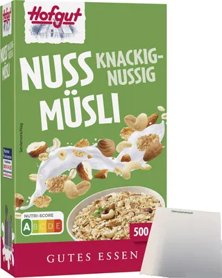 Produktbild von Hofgut Müsli Nuss (500g Packung) + usy Block