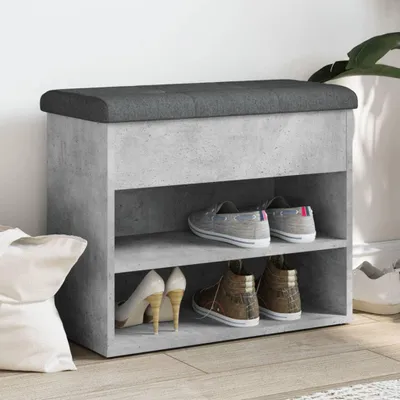 A shoe bench with storage shelves in a room setting.