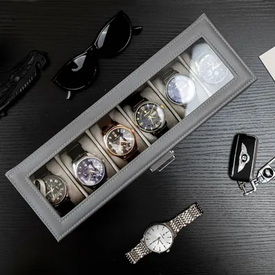 Produktbild von Uhrenbox mit Schublade und Glasdeckel für Herrenuhren - Grau, 6 Fächer