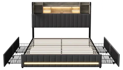 Produktbild von Polsterbett - Doppelbett 140 x 200 cm - Mit Stauraum und 2 Schubladen - LED Beleuchtung mit USB - Holzrahmen mit Kopfteil - Schwarz