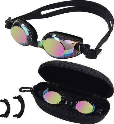 Produktbild von Bezzee Pro Schwarze Kinder Schwimmbrille - UV Schutz & Antibeschlag Brille mit Etui - 3 Unterschiedlich Große Weiche Nasenstege - Vollkommen Dicht,